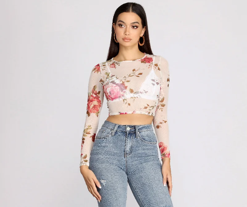 women's tops for fashion-forward individualsSweet Floral Mesh Crop Top