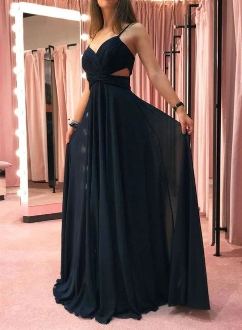 halter neck prom dressesBlack Spaghetti straps Chiffon Long Prom Dress, Simple Evening Dress  S6167