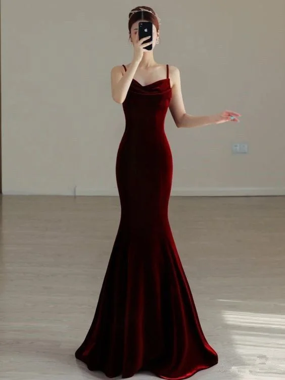 beaded prom dressesElegant Red Velvet mermaid Evening Dress Long Prom Dress Y7824