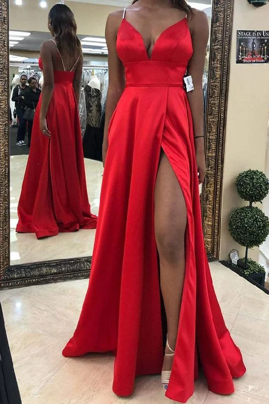 maxi prom dressesSplit-Front Empire Long Red Prom Dress,Red Evening Dress Y7076