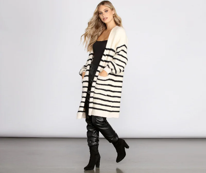 Casual SweatersStriped Fuzzy Long Cardigan