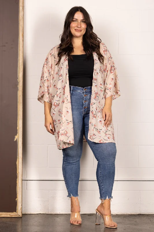 Trendy SweatersTAN SPRING FLORAL OPEN FRONT PLUS SIZE CARDIGAN J7004