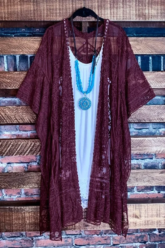 Patterned SweatersA FABULOUS HEART LACE MAROON DUSTER CARDIGAN