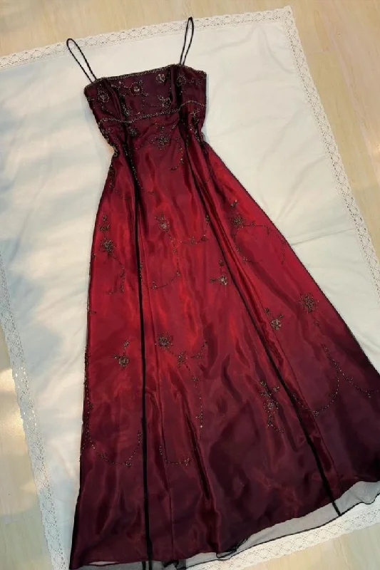 prom dresses for summerVintage Burgundy Tulle Beaded A Line Prom Dress Evening Dress Y7684