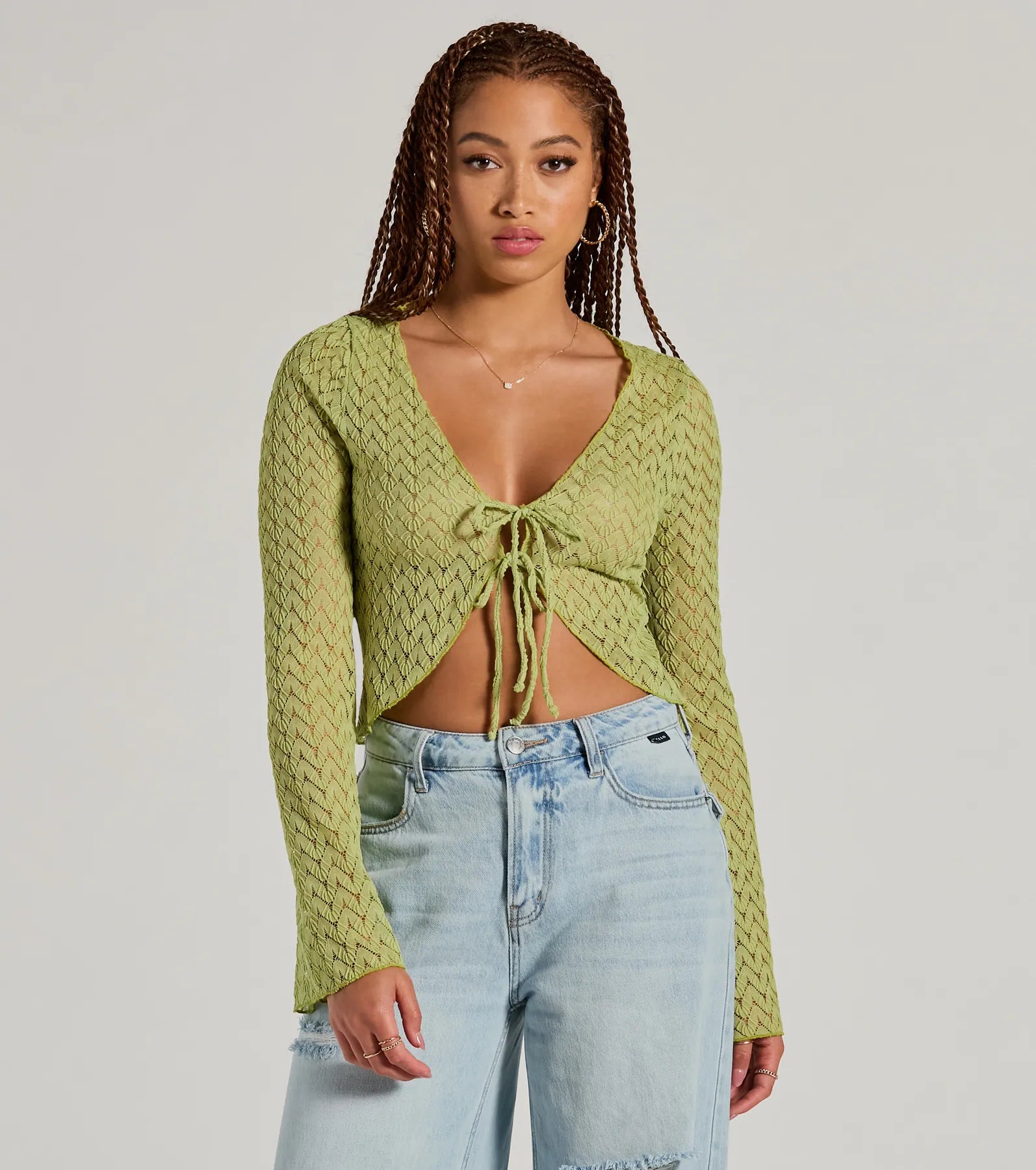 Retro Stylish Flannel SweatersCabana Honey Tie Front Crochet Crop Sweater