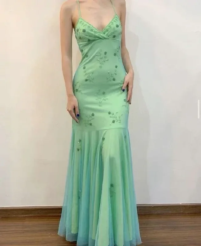 satin prom dressesVintage Mint Green Mermaid Beaded Long Prom Dress Evening Dress Y7747