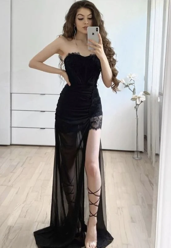 prom dresses with sheer overlaysBlack lace long prom dress black evening dress S15437