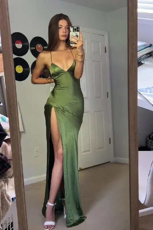 bodycon prom dressesSexy V-Neck Emerald Green Long Prom Dress With High Slit Y7909