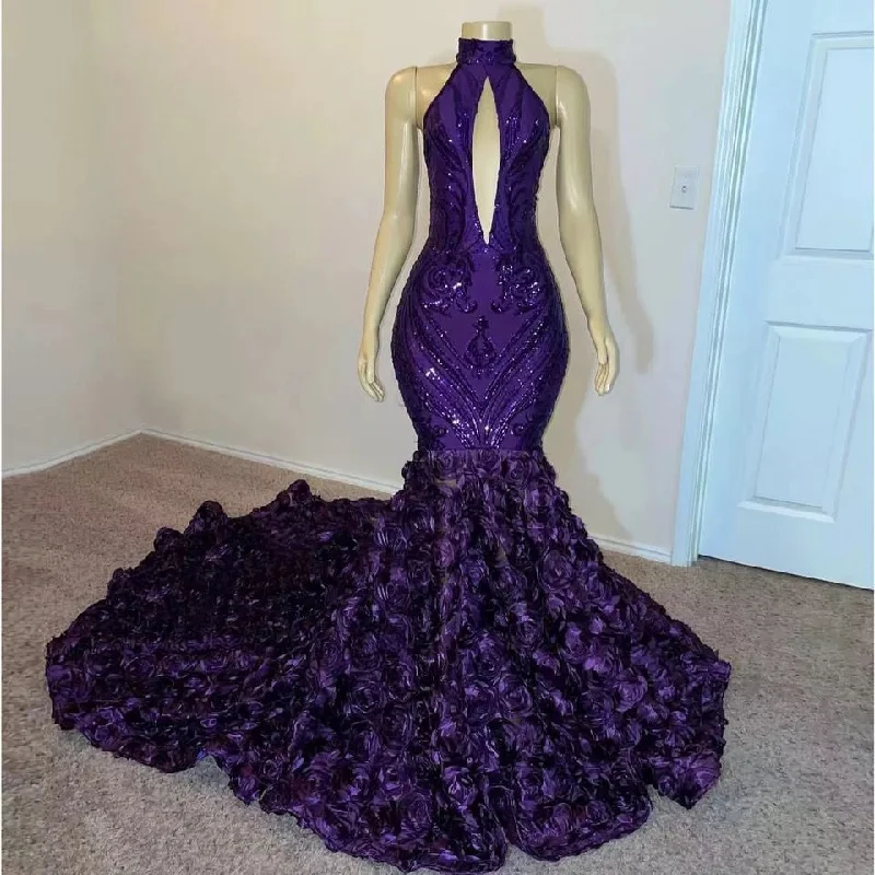 mermaid prom dressesPurple Sequin Prom Dresses Mermaid Luxury for Black Girl High Neck with Flowers Women Evening Gowns for Wedding Gala Dress Y1846