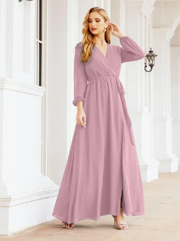 empire waist prom dressesNumbersea Women's Chiffon Bridesmaid Dress A line Long Sleeves Formal Evening Prom Gown for Wedding Guest 28032