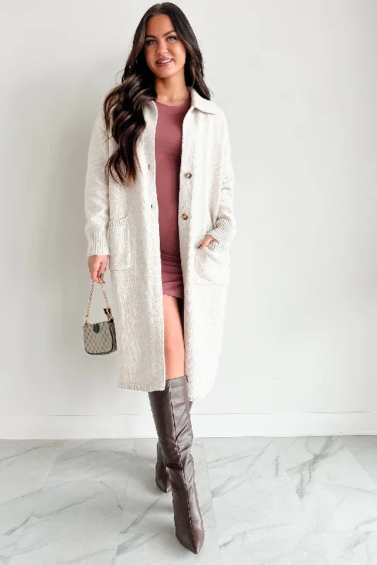 Retro SweatersCozy Winters Long Sweater Cardigan (Oatmeal)