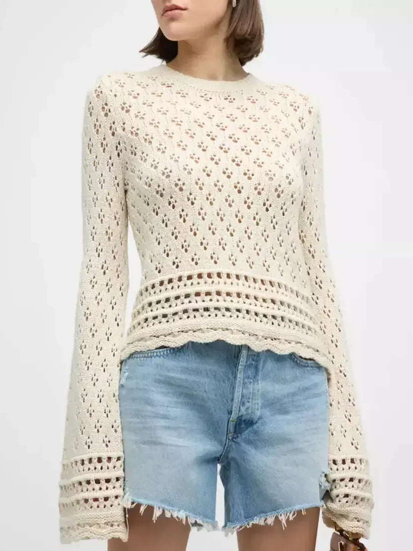 Knitted Crewneck SweatersBell-Sleeve Crochet Knit Ecru Sweater