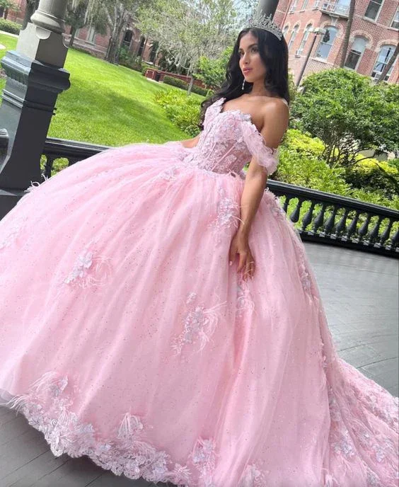 petite prom dressesPink Tulle Sweet 16 Ball Gown Appliques Prom Dress Quinceanera Dress Y7475