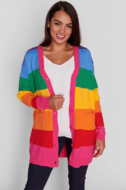 Plus-Size Flannel SweatersVivid Rainbow Stripe Cardigan