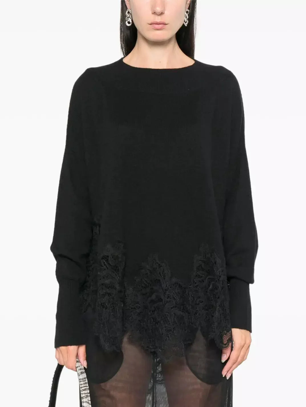 Plus-Size Flannel SweatersLace-Hem Cashmere Sweater in Black