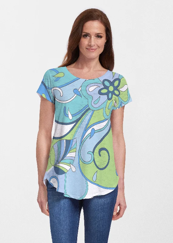 spaghetti strap women's topsFloral Spritz Turquoise (22093) ~ Signature Short Sleeve Scoop Neck Flowy Tunic