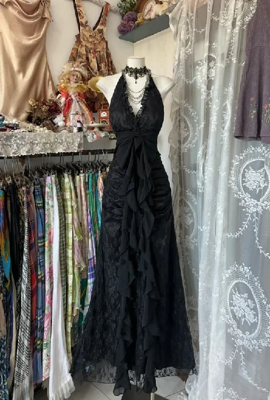 fitted prom dressesVintage V Neck Black Chiffon Lace Evening Dress Long Prom Dress Y7813