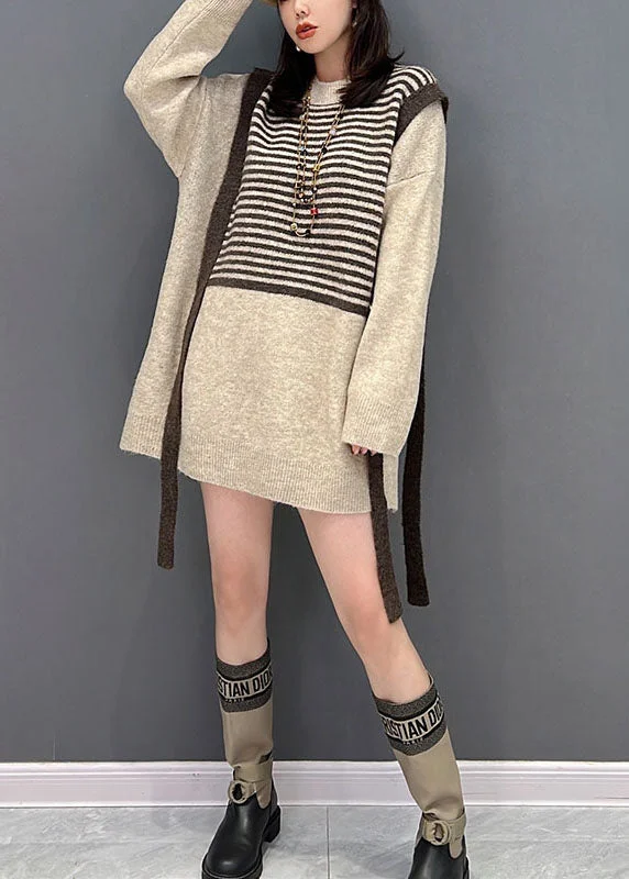 Hooded SweatersHandmade Khaki Patchwork Striped Knit Long Sweater Winter