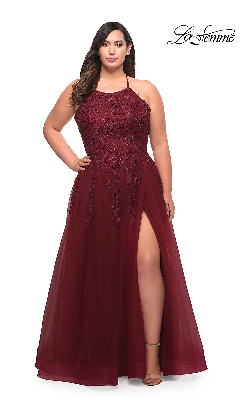 halter prom dressesLa Femme Corset-Back Long Plus-Size Prom Dress