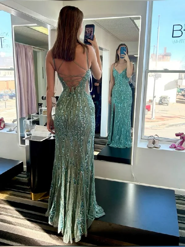 flowy prom dressesGorgeous Green Spaghetti Straps Tulle Sequins Evening Gown Slit Prom Dress Y7919