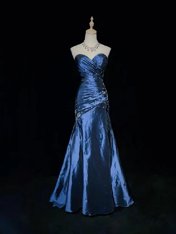 illusion sleeve prom dressesSexy Strapless Mermaid Beaded Evening Gown Blue Sweetheart Satin Prom Dress Y7928