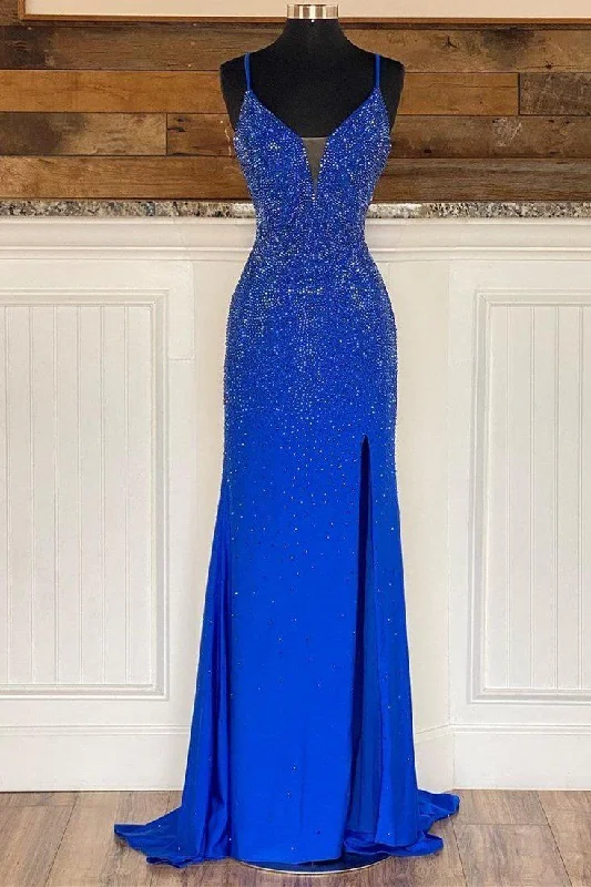 long prom dressesRoyal Blue Beaded V-Neck Mermaid Long Prom Dress Y7384