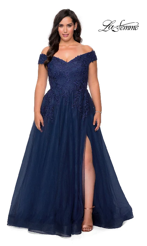 plus-size prom dressesOff-the-Shoulder Plus-Size La Femme Prom Ball Gown