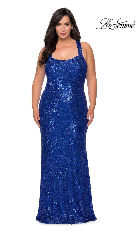 prom dress shopping tipsLa Femme Plus-Size Sequin X-Back Long Prom Dress