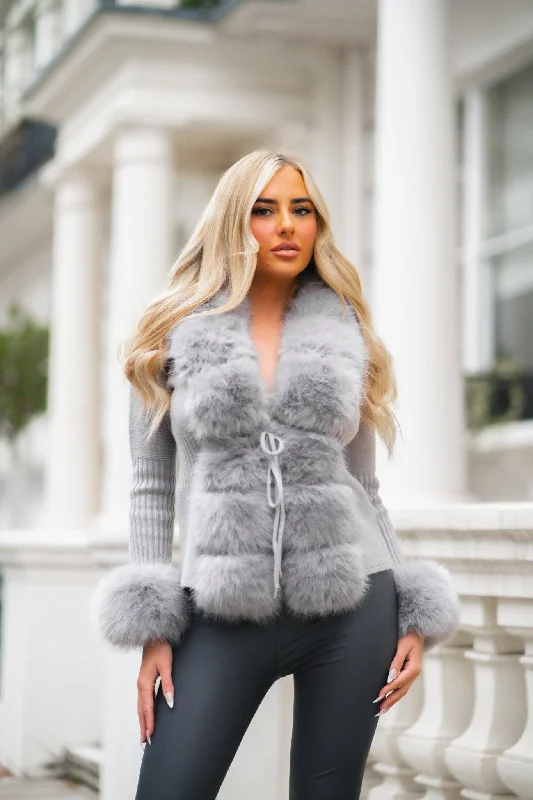 Luxurious Oversized Cardigan SweatersGrey Premium Faux Fur Trimmed Cardigan