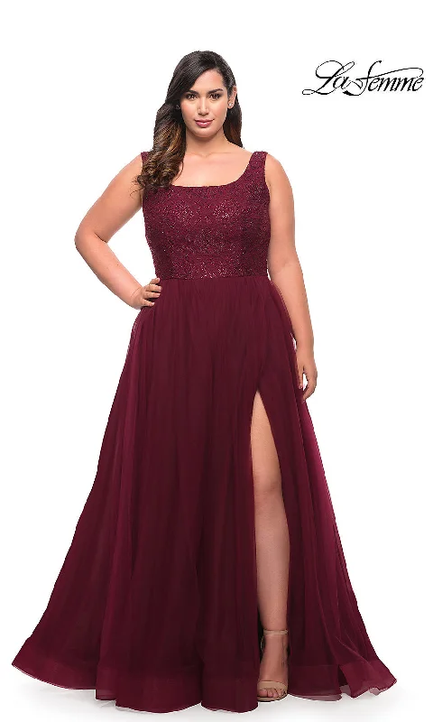 prom dresses for pear shapesLa Femme Plus-Size Long Lace-Bodice Prom Dress