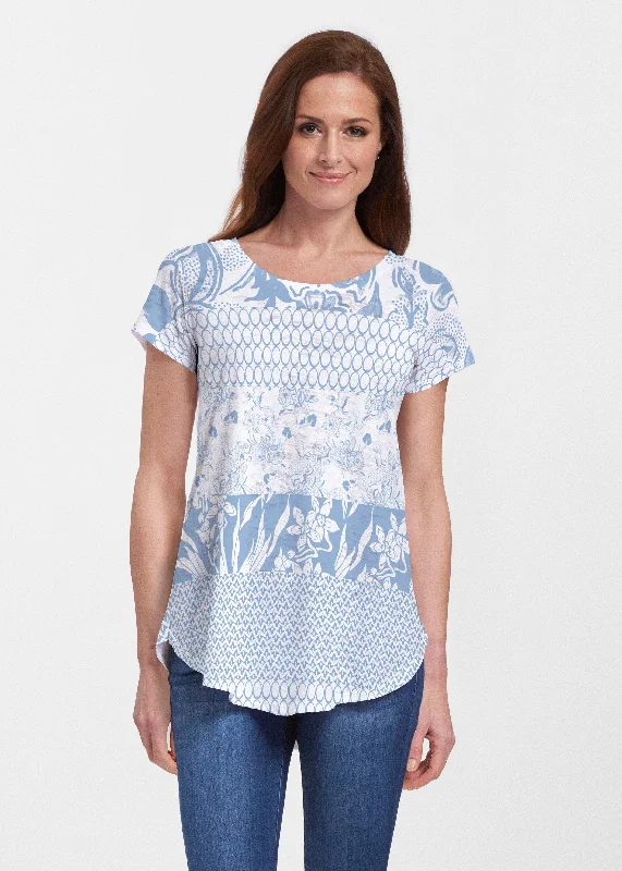 women's tops for gala dinnersPatchwork Blue (7902) ~ Short Sleeve Scoop Neck Flowy Tunic