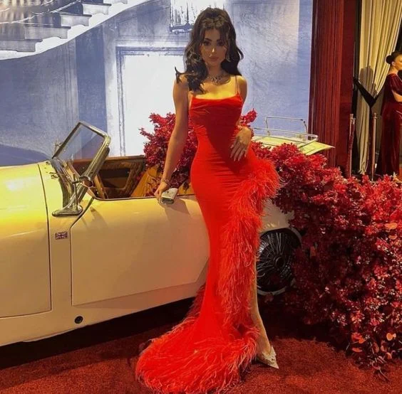 prom dresses with pocketsSexy Mermaid Straps Red Prom Dress With Feathers,Long Evening Dress Y7901