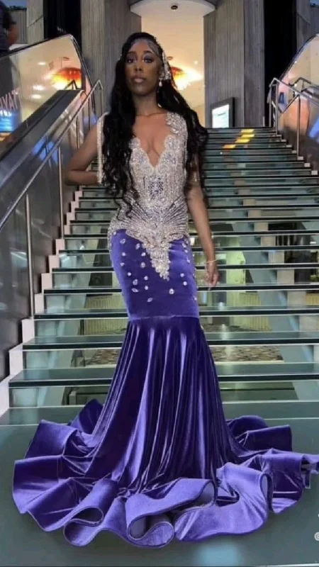 flowy prom dressesPurple and silver prom dress for black girl,sexy evening dress Y1710