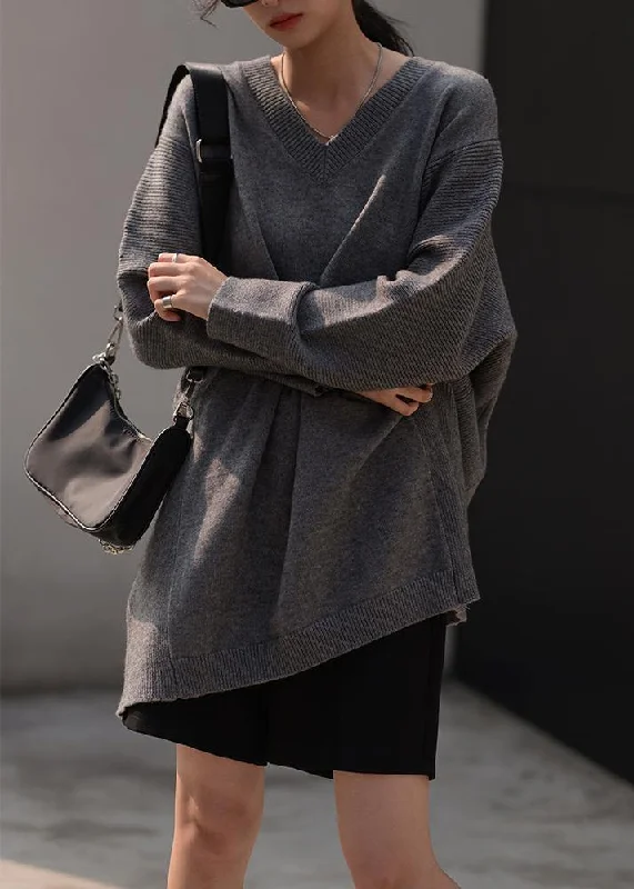 Cardigan Discounted Baby SweatersWomen fall dark gray sweaters oversized v neck Blouse