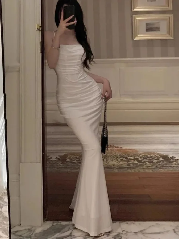 halter prom dressesSexy Spaghetti Straps White Mermaid Evening Dress Long Prom Dress Y7787