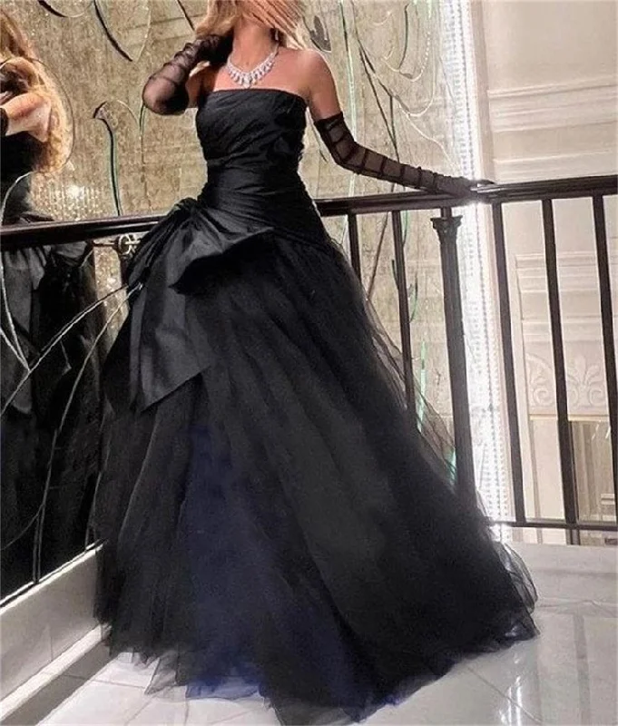 budget-friendly prom dressesSexy Strapless Puffy Tulle Prom Dress Black Evening Dress With Gloves Y7631