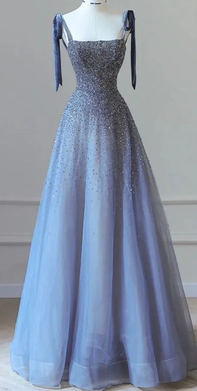 pastel prom dressesLuxurious Spaghetti-Strap Tulle Beaded A-Line Prom Dress Blue Sparkly Evening Dress Ball Gown Y7628