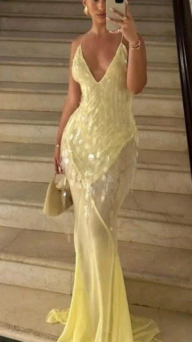 prom dresses for springFashion V Neck Mermaid Evening Dress Yellow Chiffon Sequins Prom Dress Y7892