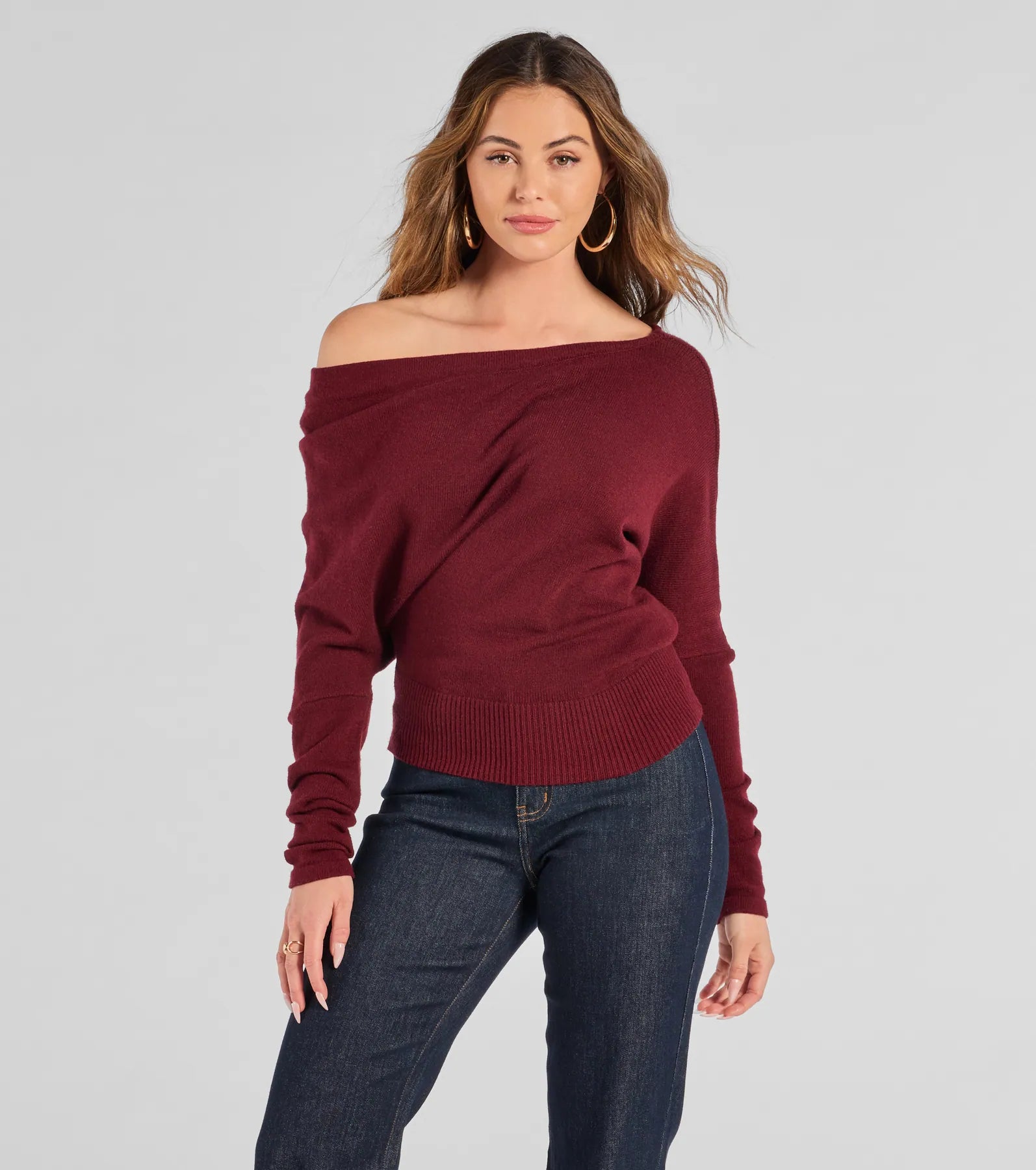 Crewneck SweatersCute And Cozy Off-Shoulder Knit Sweater