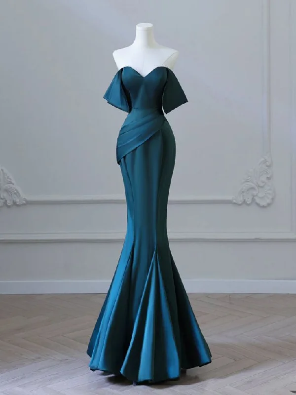 A-line prom dressesSimple Off Shoulder Satin Ink Blue Long Prom Dress, Ink Blue Long Formal Dress Y7348