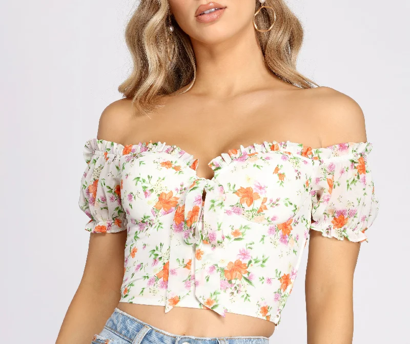 luxury women's topsFlower Move Tie Front Off Shoulder Crop Top