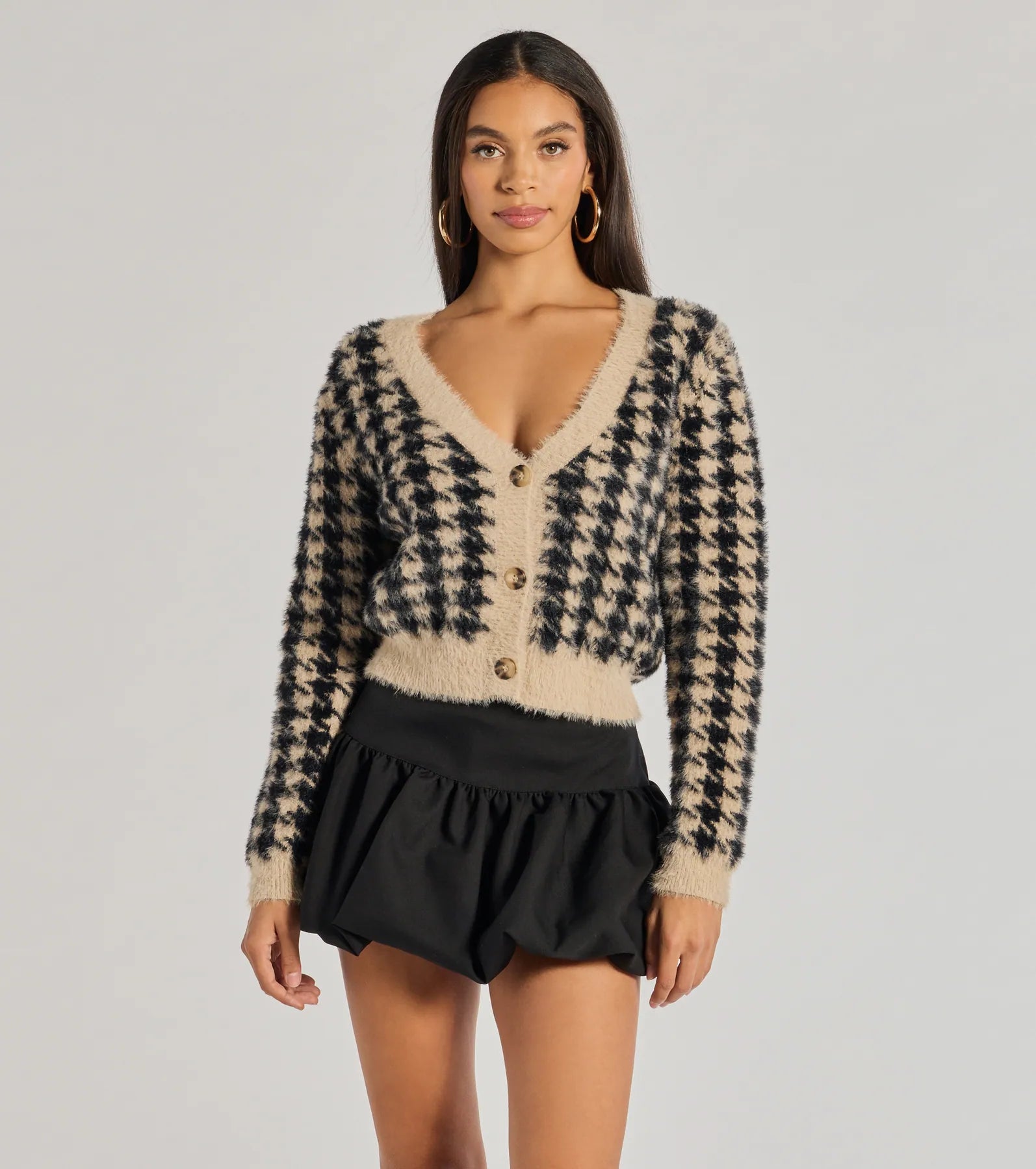 Funky Hooded SweatersPolished Cozy Houndstooth Eyelash Knit Cardigan