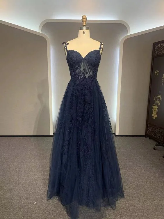 petite prom dressesNavy Blue Long Lace Prom Dresses,Navy Blue Long Lace Formal Dress Y7423