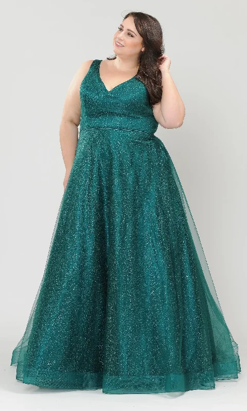 prom dresses with sheer overlaysGlitter-Tulle Plus-Size Long Prom Gown W1024