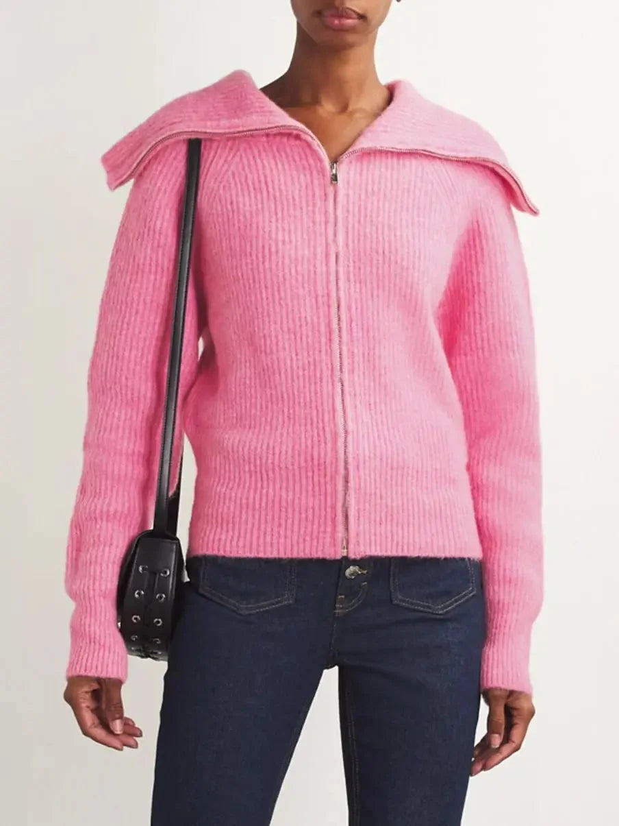 Hooded Cashmere SweatersOversized-Collar Pink Zip-Up Cardigan Sweater