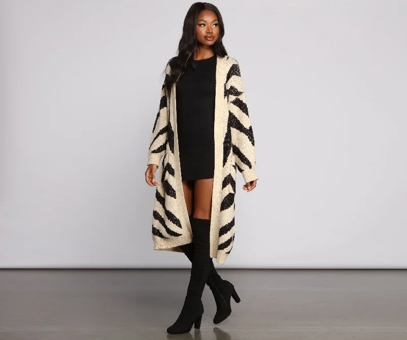 Stylish Flannel SweatersZebra Print Long Line Cardigan