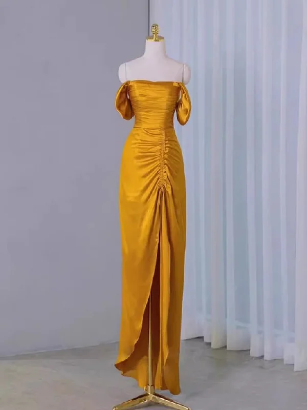 prom dress color trendsSheath Off The Shoulder Yellow Pleated Prom Dress Slit Evening Dress Y7598