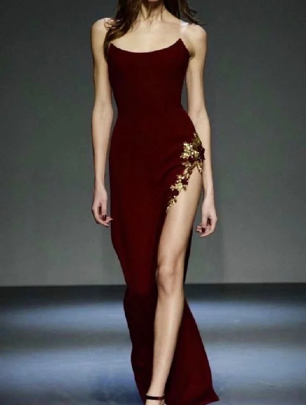 flowy prom dressesVintage Burgundy Mermaid Appliques Evening Dress Side Slit Prom Dress Y7724