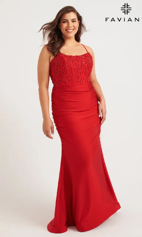 affordable prom dressesLong Plus-Size Prom Dress: Faviana 9569