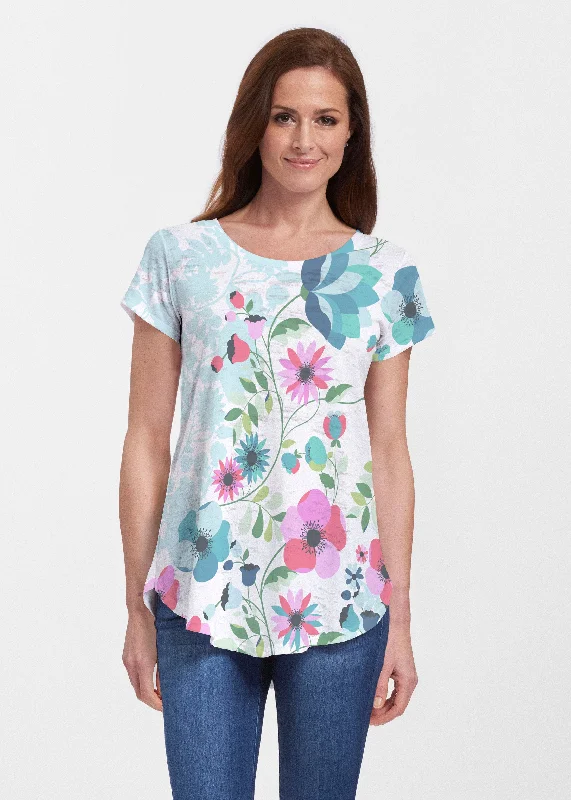 women's tops with sheer overlaysFloral Vines (13420) ~ Signature Short Sleeve Scoop Neck Flowy Tunic